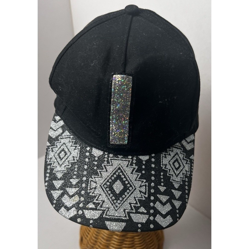 Justice Girls Black Silver "I" Holographic Glitter Aztec Baseball Cap Hat OS